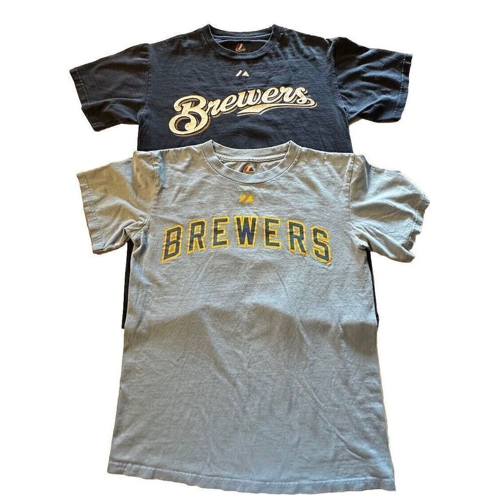 Lot Of 2-MLB Brewers Braun 8 Majestic Blue Yellow Size Small Men? Boys? See Desc